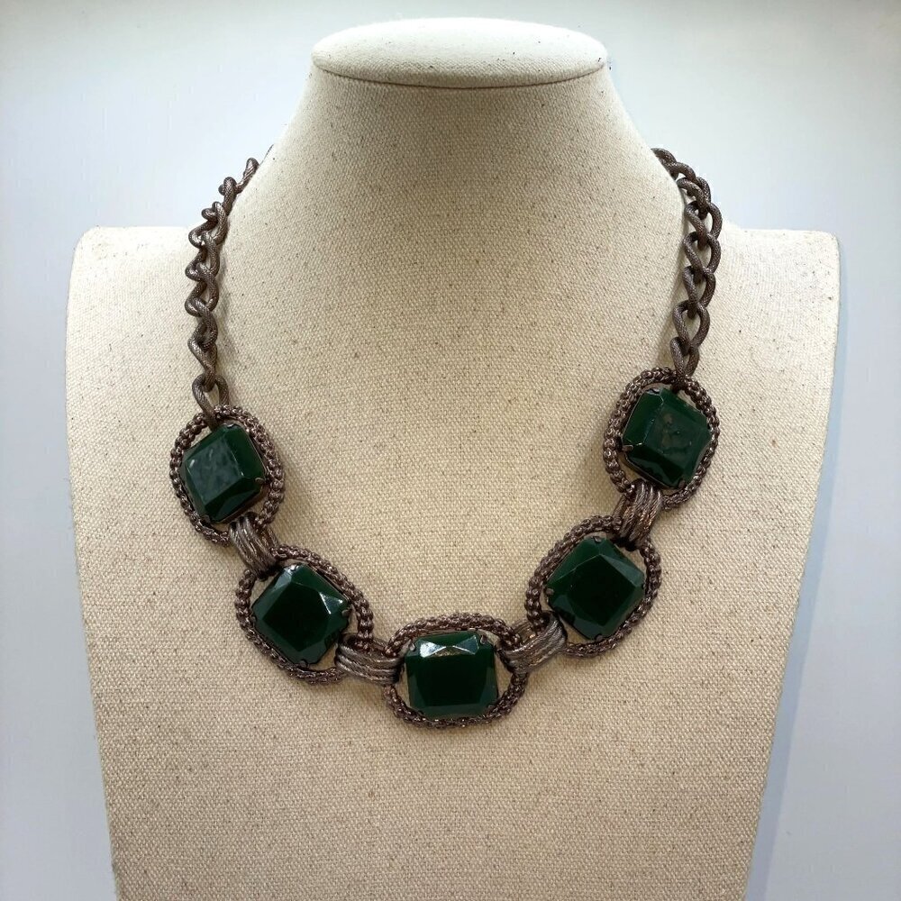 Talbots Green Faceted Emerald Cut Statement Necklace Texture Chain 21"L